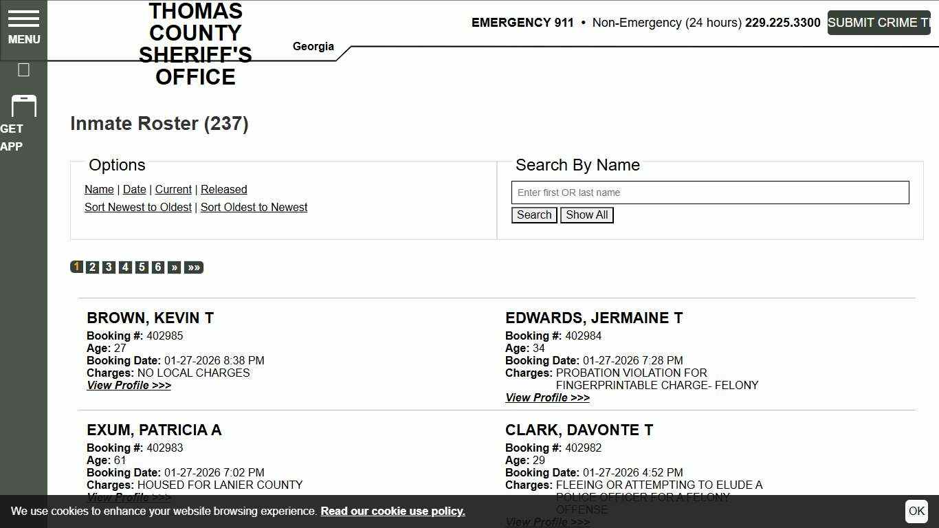 Inmate Roster Thomas County Sheriff's Office Sort Booking Time - Descending Page 1