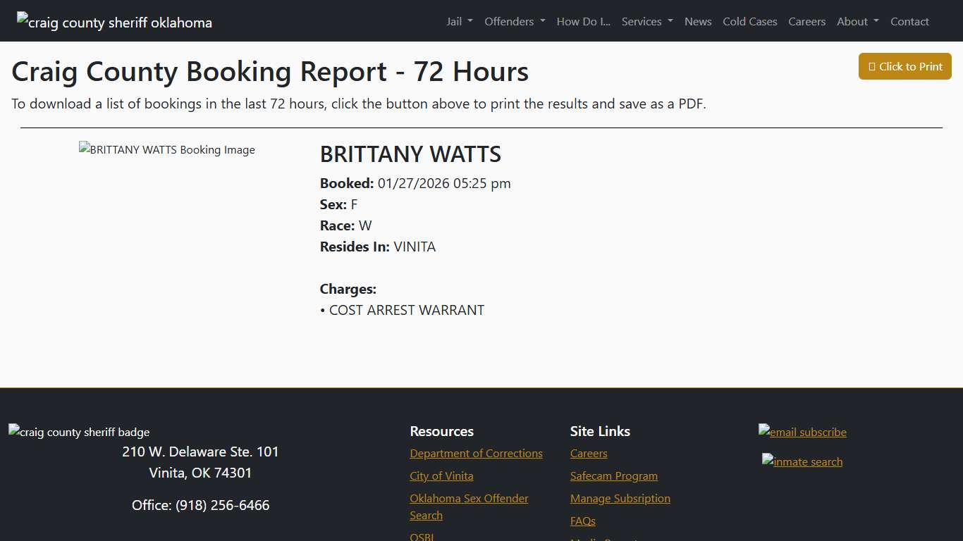 72 Hour Booking Report Craig County Sheriff's Office