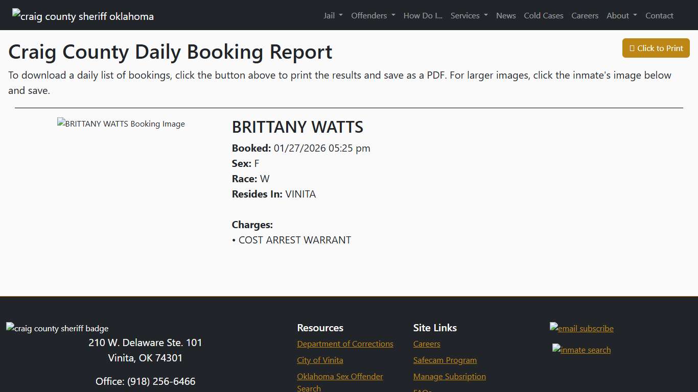 Daily Booking Report Craig County Sheriff's Office